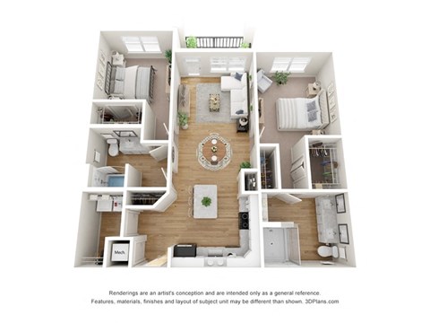 Floor plan for 2 beds, 2 baths, 1235 sqft